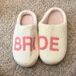 Amazon Women's Cream Sherpa Slippers with Pink "BRIDE" Text